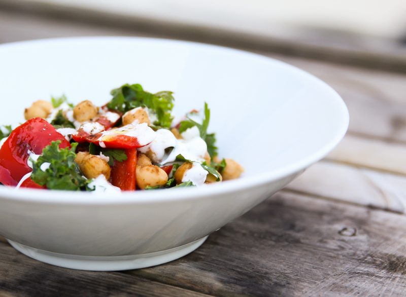 Warm Chickpea Red Pepper Side Salad with Yogurt and Kale