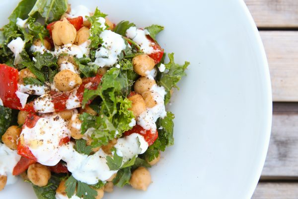 Warm Chickpea Red Pepper Side Salad with Yogurt and Kale