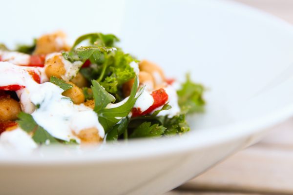 Warm Chickpea Red Pepper Side Salad with Yogurt and Kale