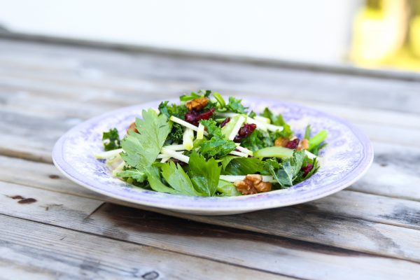 Kale Apple Side Salad with Walnuts, Celery and Dried Cranberries