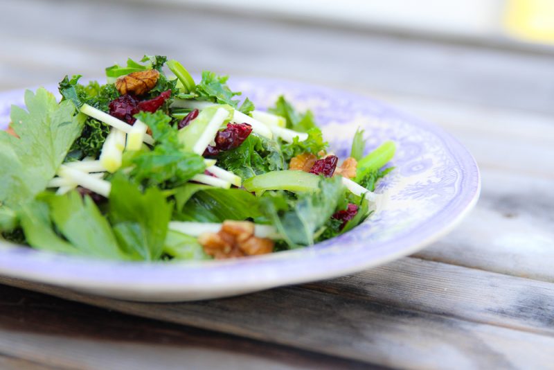 Kale Apple Side Salad with Walnuts, Celery and Dried Cranberries