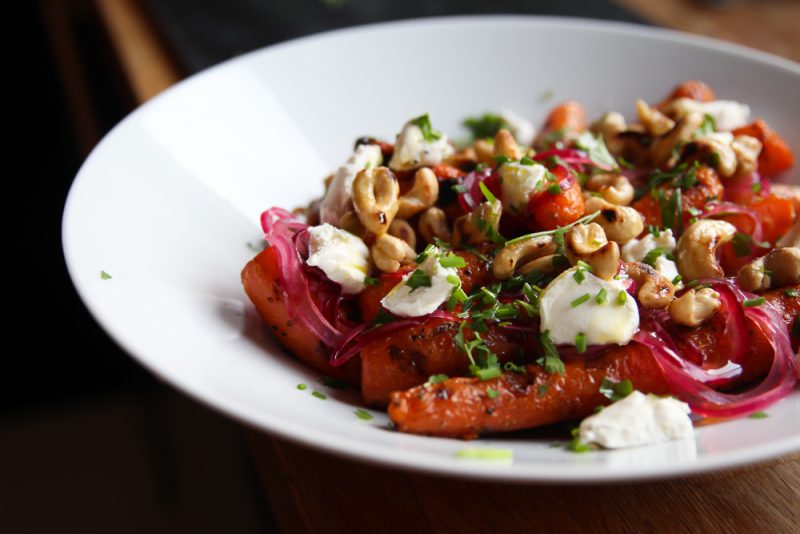 Grilled Carrots with Cashews, Pickled Onions and Yogurt
