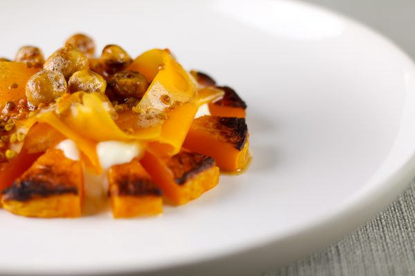 Roasted Butternut Squash Appetizer with Yogurt, Bee Pollen, Hazelnuts and Butter