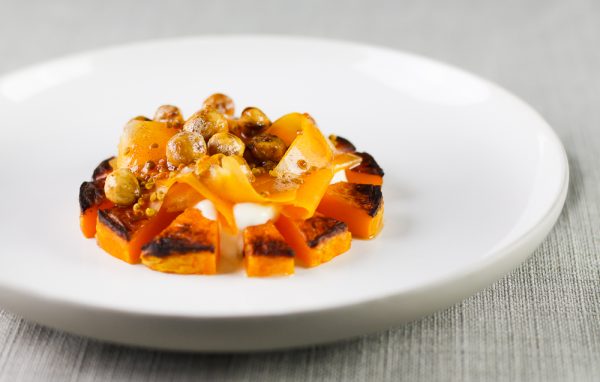 Roasted Butternut Squash Appetizer with Yogurt, Bee Pollen, Hazelnuts and Butter