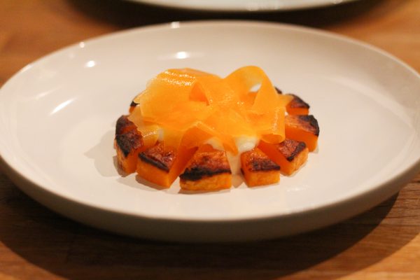 Roasted Butternut Squash Appetizer with Yogurt, Bee Pollen, Hazelnuts and Butter