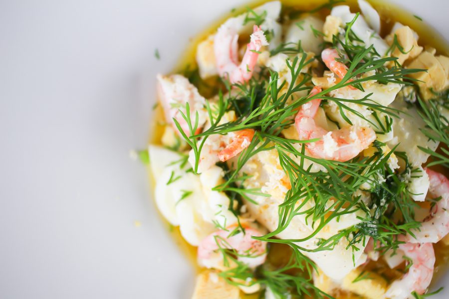 Cod with Brown Butter, Eggs, Shrimps, Dill and Horseradish